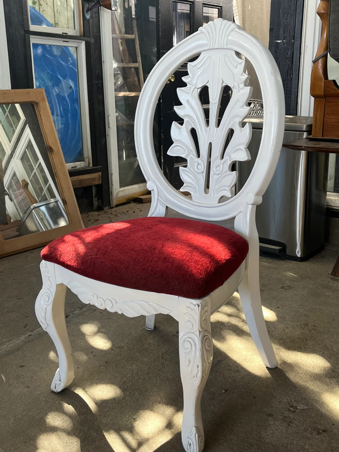 Vintage White Accent Chair with Red Velvet Seat