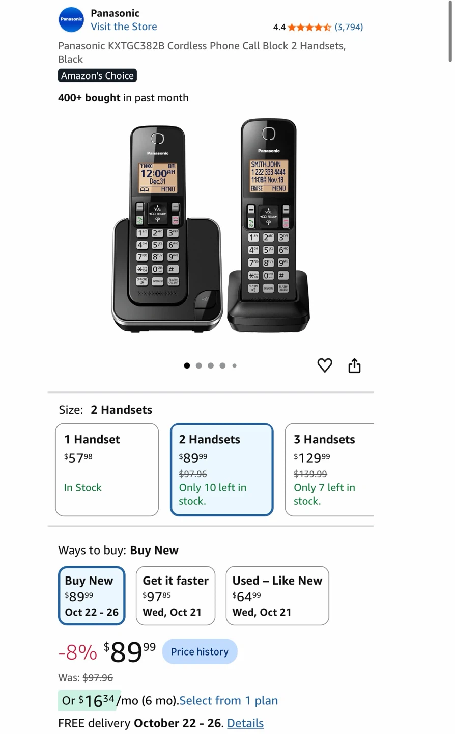 Panasonic KXTGC382B Cordless Phone with 2 Handsets