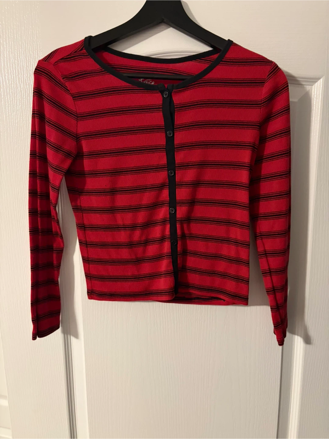 Justice Red and Black Striped Long Sleeve Button-Up Top
