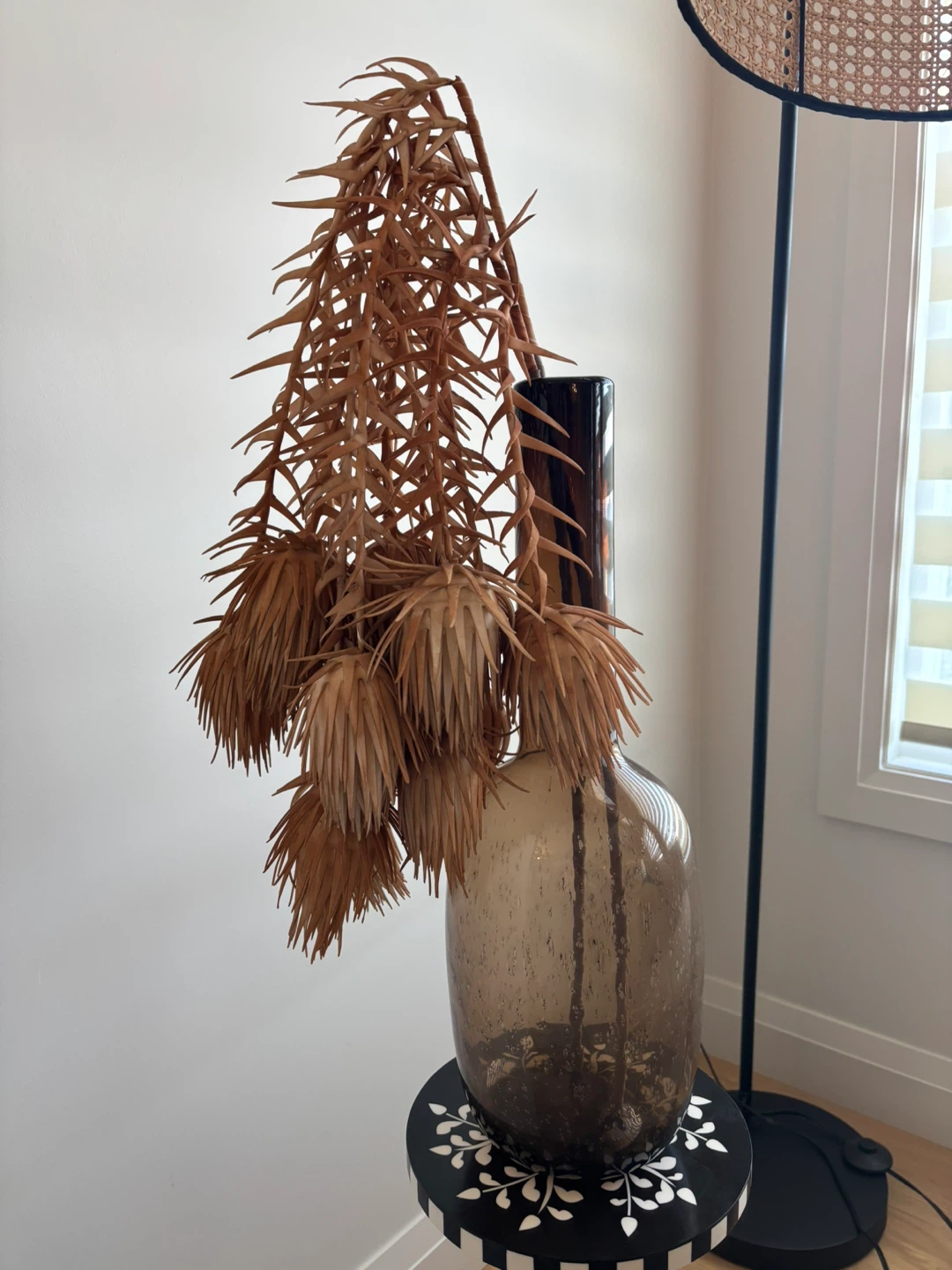 Amber Glass Vase with Dried Decorative Stems