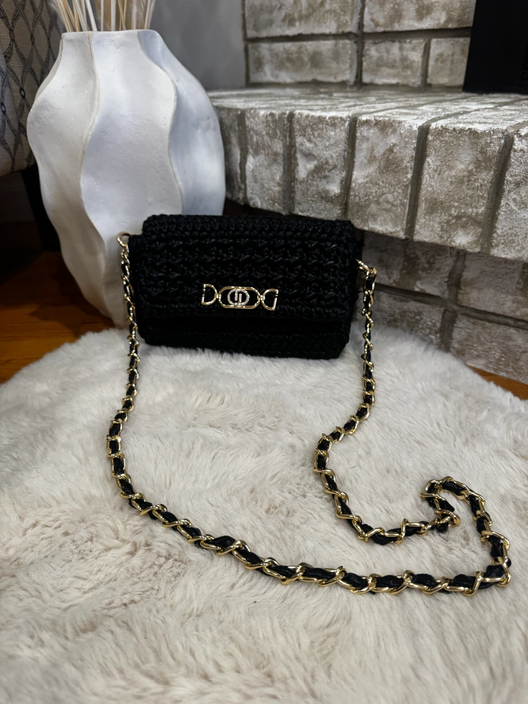 Black Crochet Crossbody Bag with Gold-Tone Chain