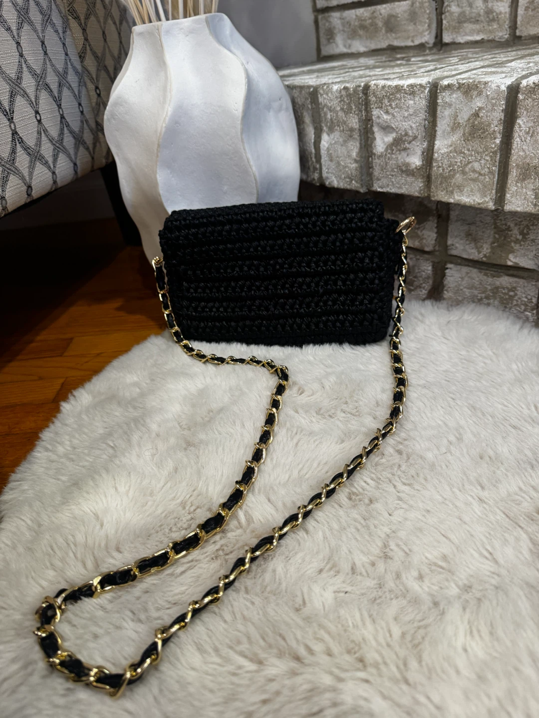 Black Crochet Crossbody Bag with Gold-Tone Chain - photo 2