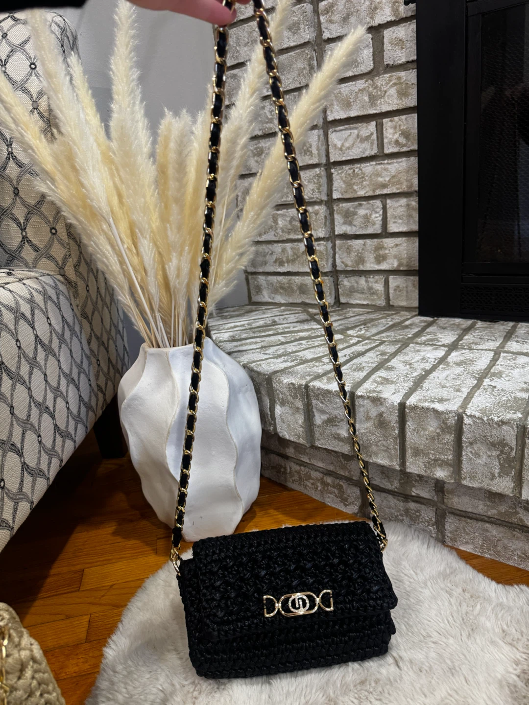 Black Crochet Crossbody Bag with Gold-Tone Chain - photo 3