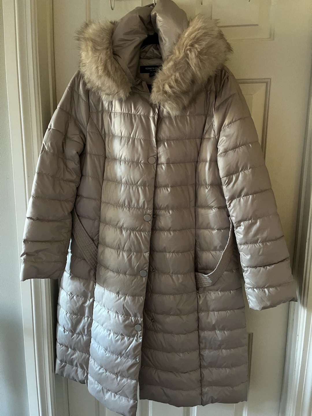 Kenneth Cole Long Quilted Winter Coat with Faux Fur Hood