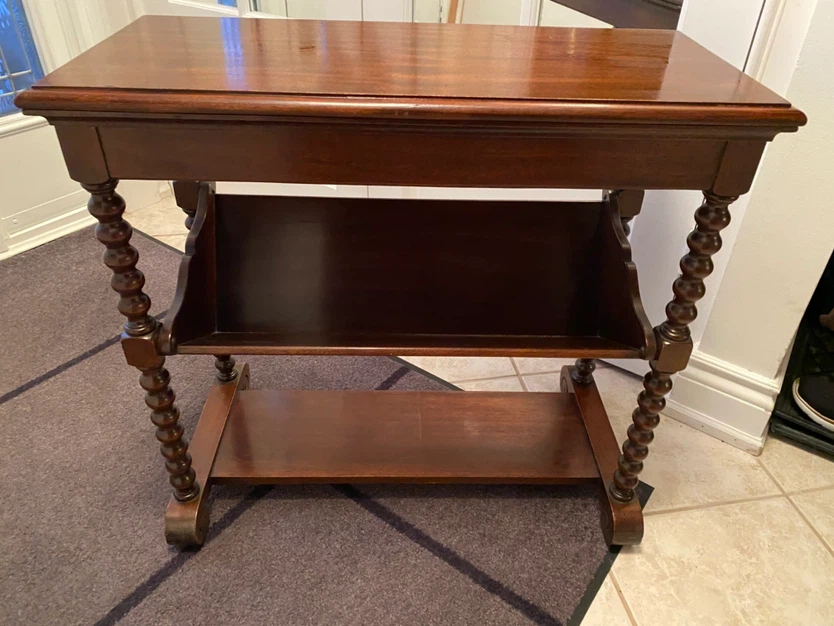 Vintage Dark Wood Side Table with Magazine Rack