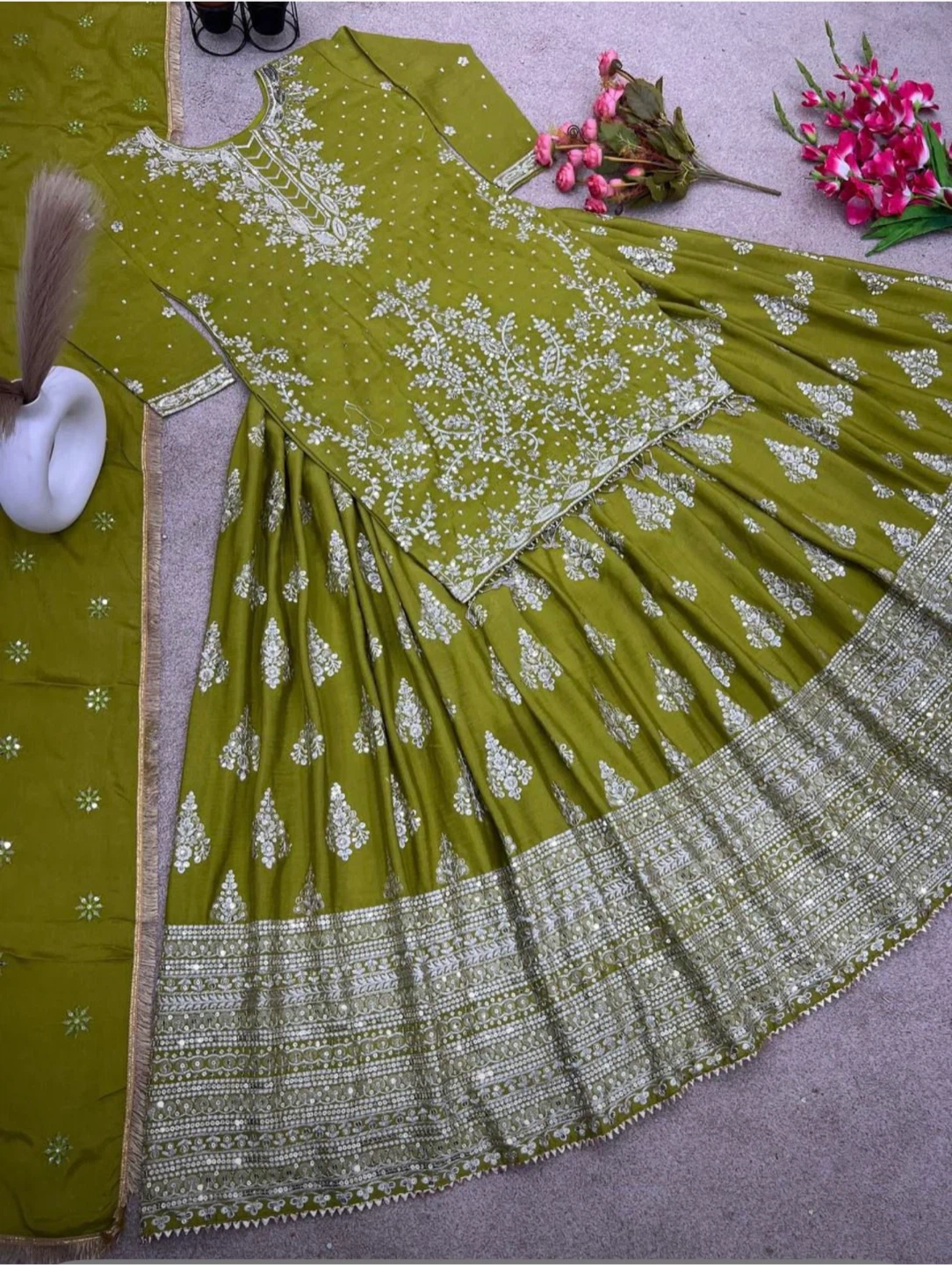 Olive Green Embroidered Indian Lehenga Choli Set