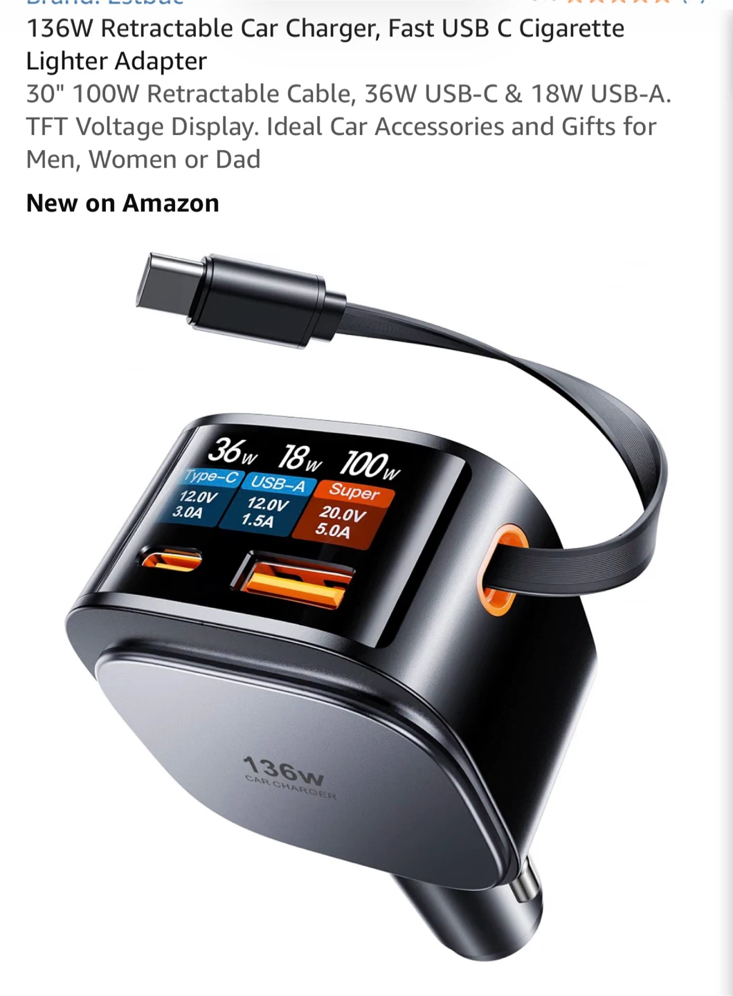 136W Retractable Car Charger Adapter