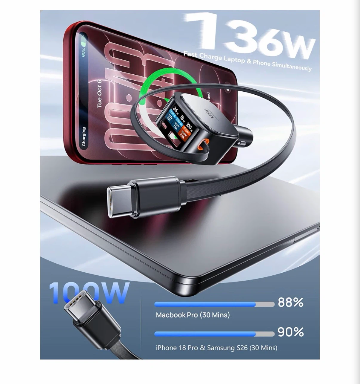 136W Retractable Car Charger Adapter - photo 2