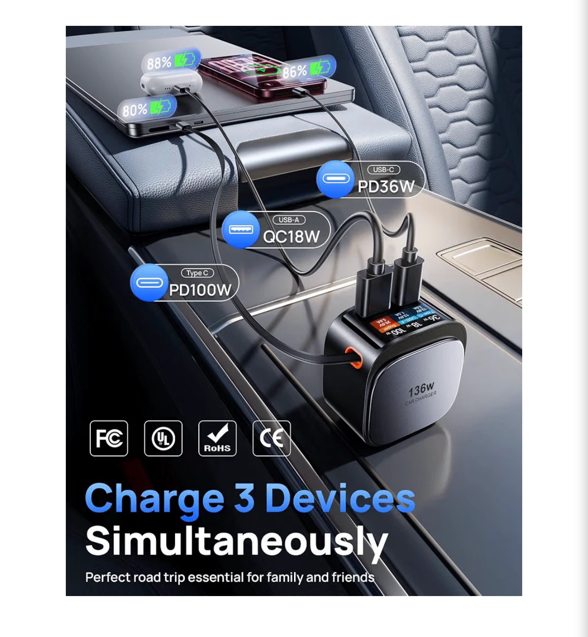 136W Retractable Car Charger Adapter - photo 4
