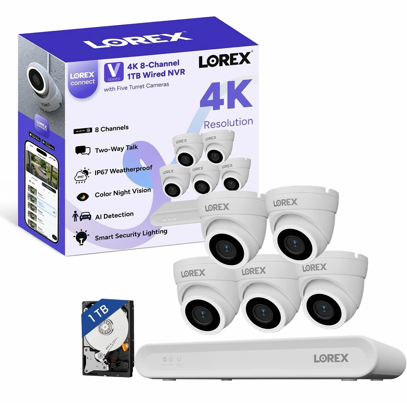 Lorex 8Ch 4K NVR System 5x V3 Dome IP Security Cameras