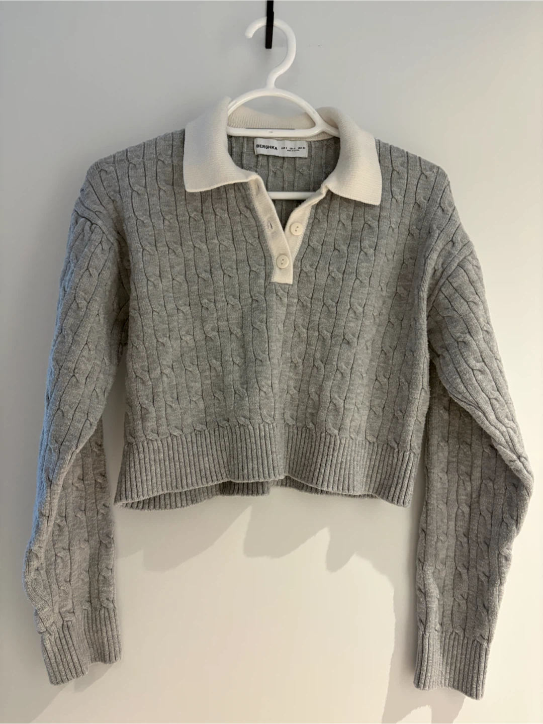 Bershka Grey Cable Knit Polo Sweater - Small