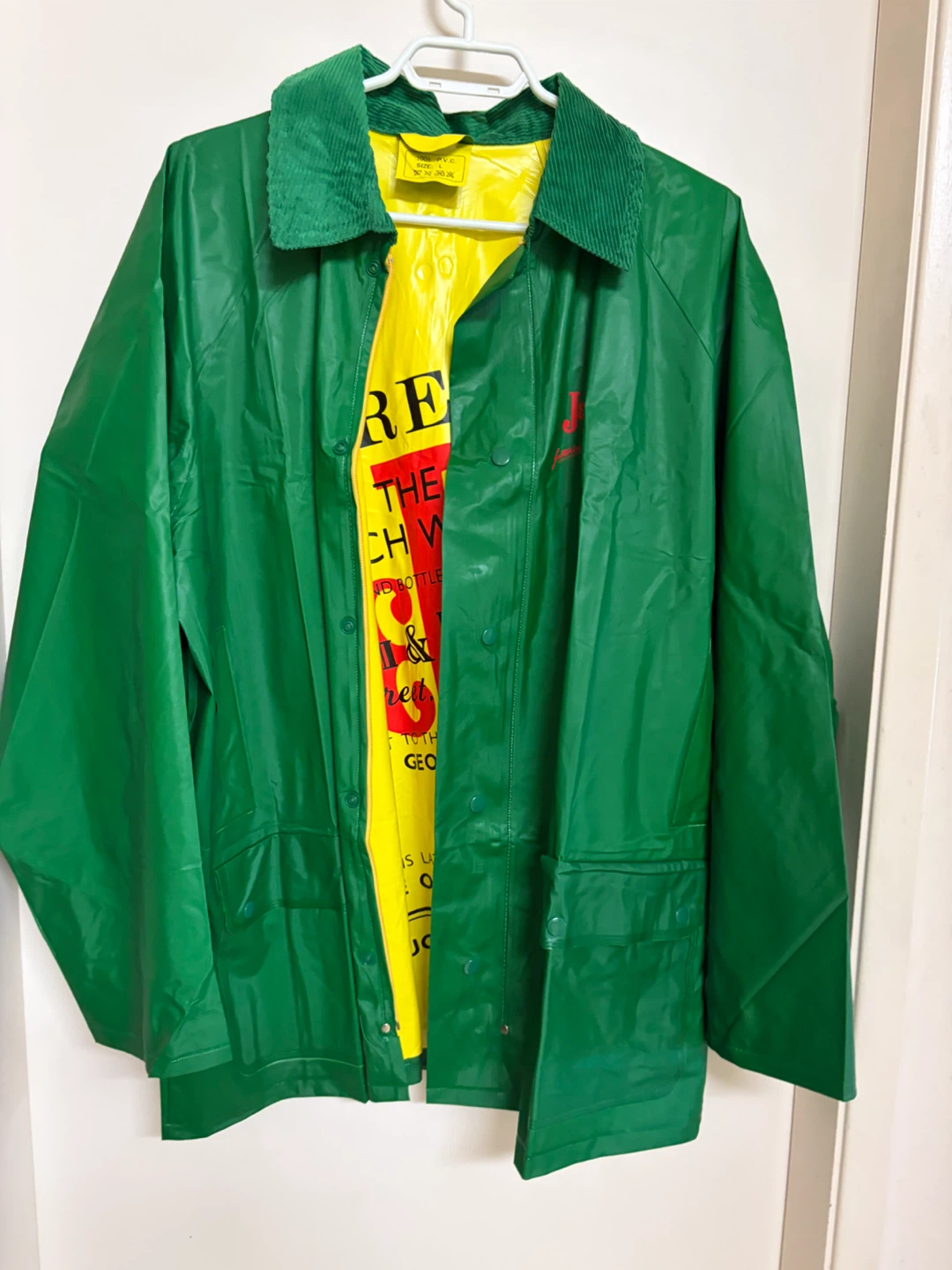 Green Men's PVC Rain Jacket with Corduroy Collar size L