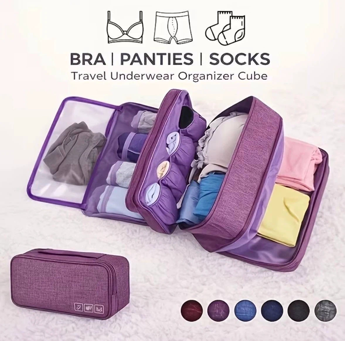 Purple Travel Underwear Organizer Bag, Multi-Layer