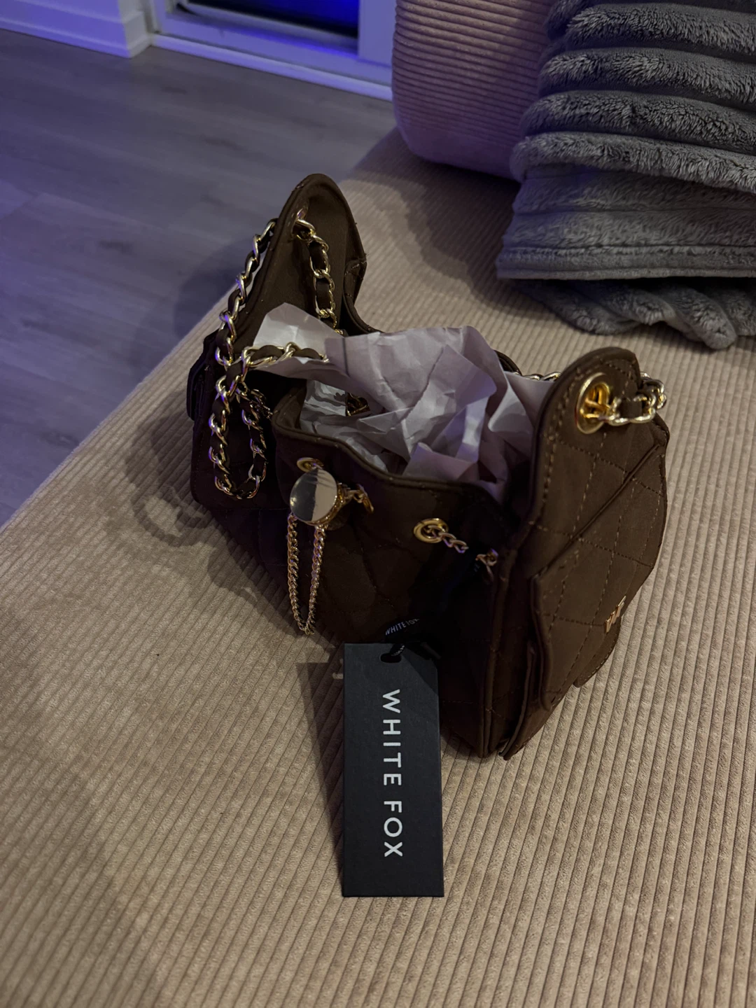 White Fox Quilted Brown Handbag