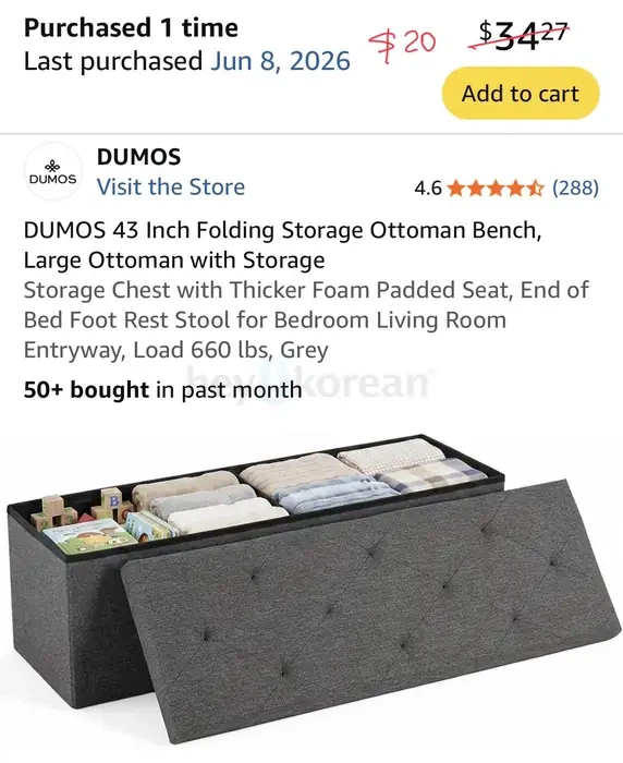 DUMOS 43 Inch Folding Storage Ottoman Bench