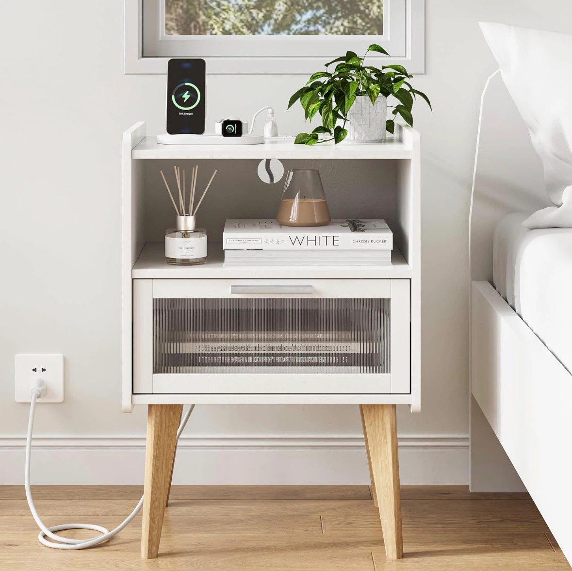 White bedside table with charging station - photo 3
