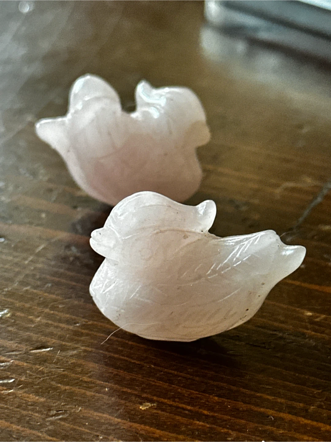 Pair of rose quartz bird carvings