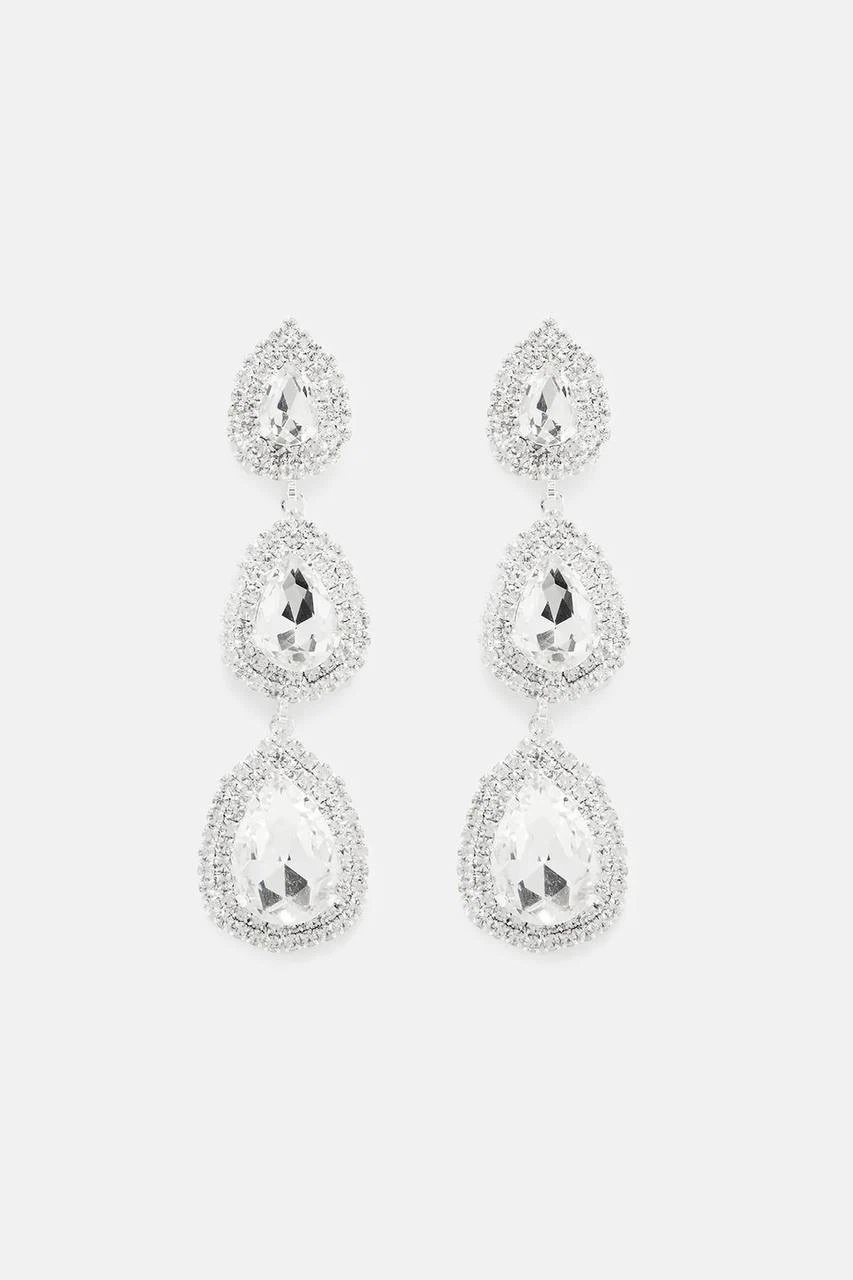 Silver-Tone Crystal Triple Teardrop Drop Earrings - photo 4