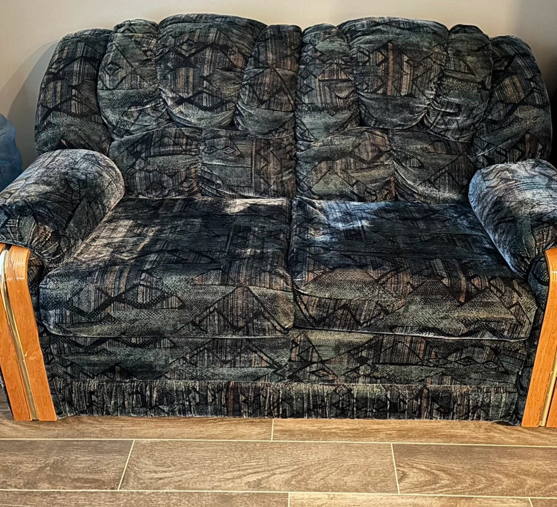 Patterned Fabric Loveseat with Wood Accents