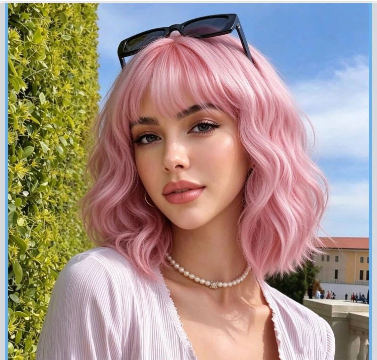 Pink Wavy Bob Wig with Bangs