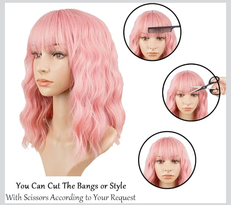 Pink Wavy Bob Wig with Bangs - photo 3
