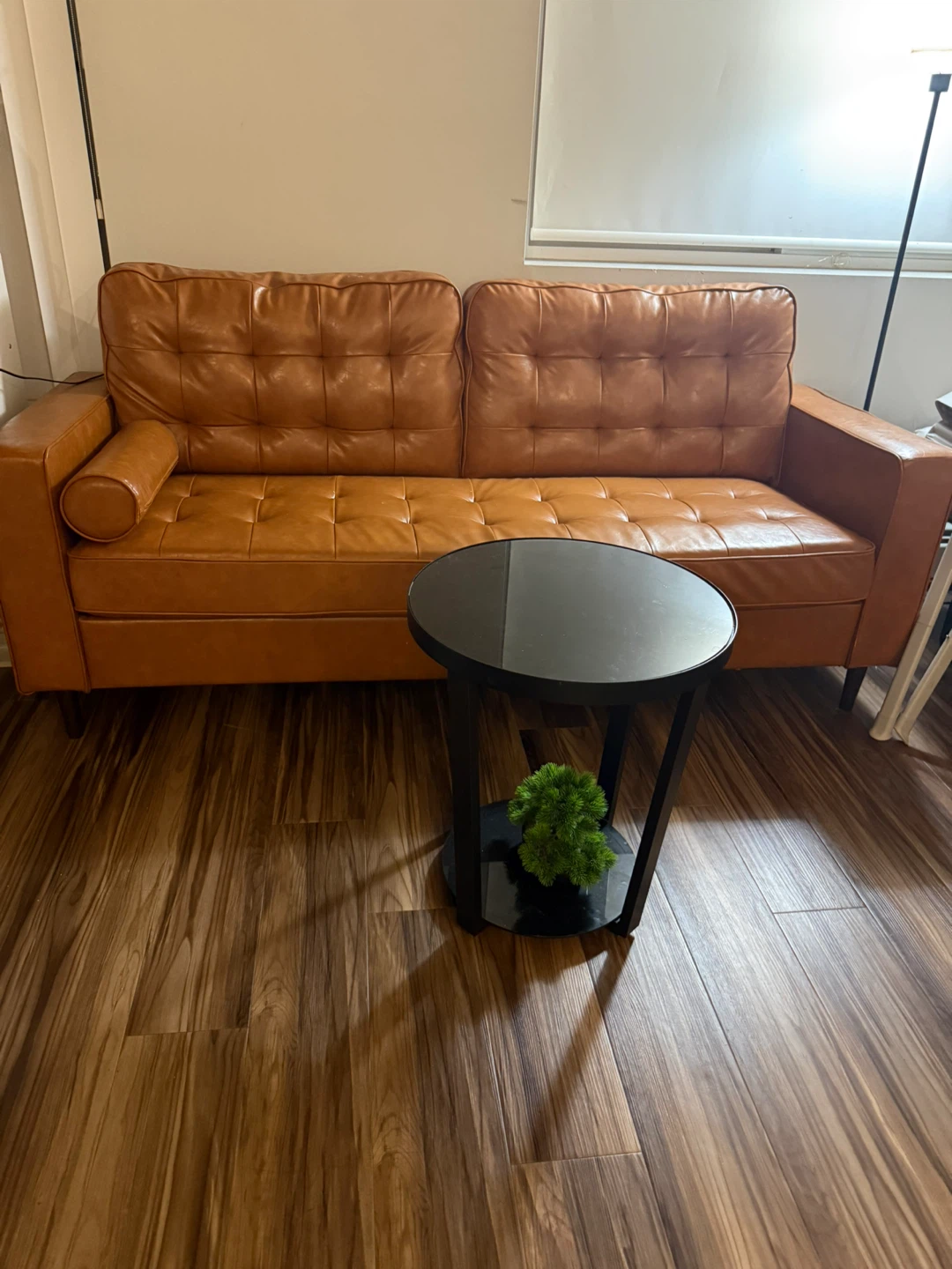 Tan Faux Leather Sofa and Black Side Table - photo 2