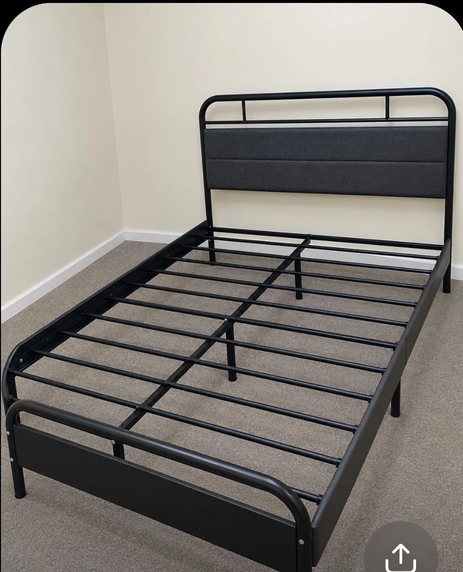 Queen Size Black Metal Bed Frame with Upholstered Headboard