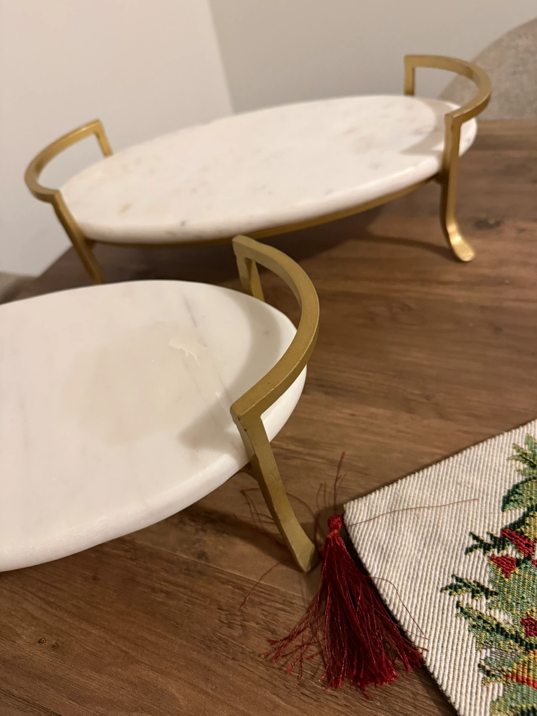 Two Oval White Marble Serving Trays with Gold Handles - photo 2