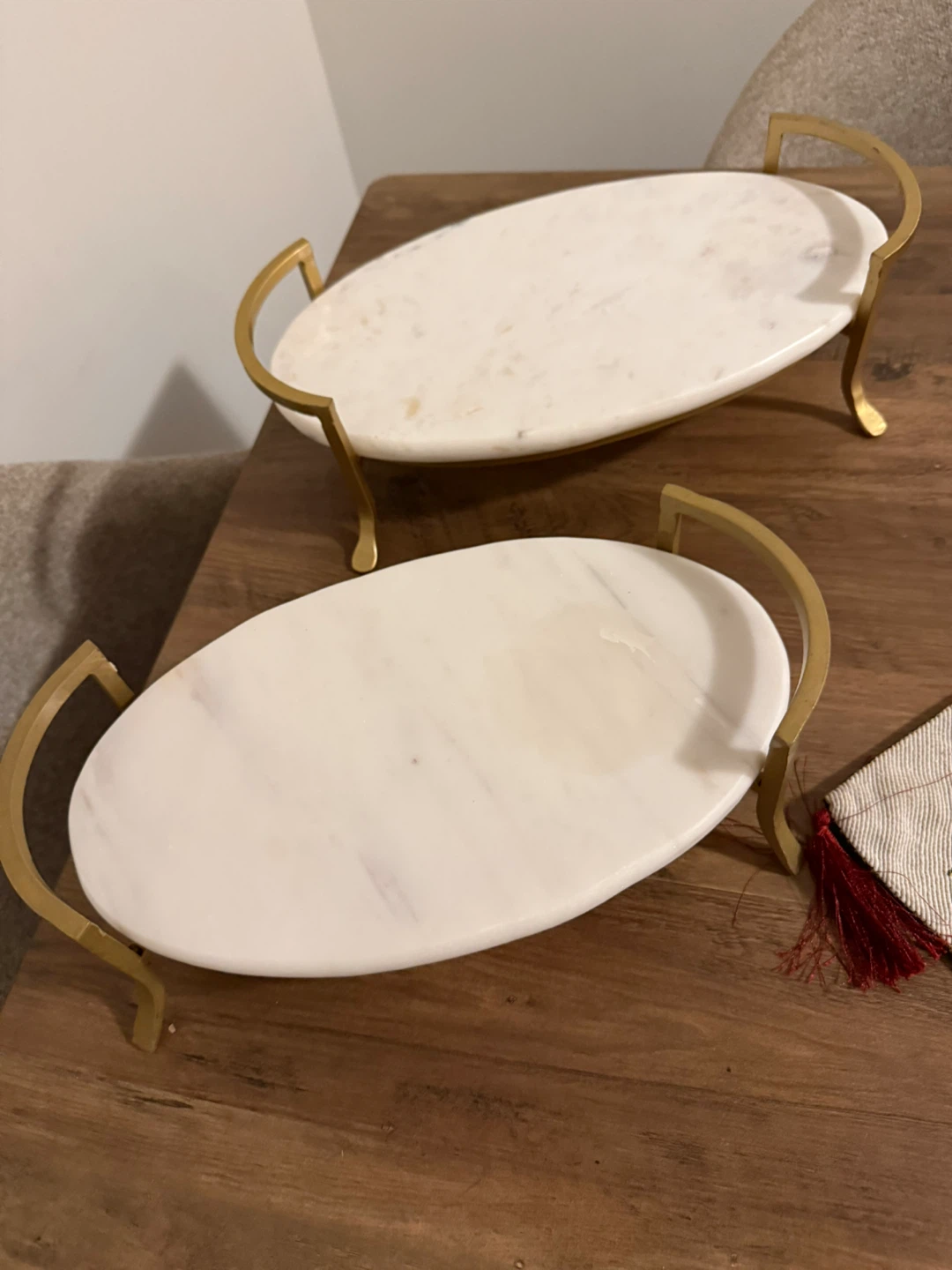 Two Oval White Marble Serving Trays with Gold Handles - photo 4