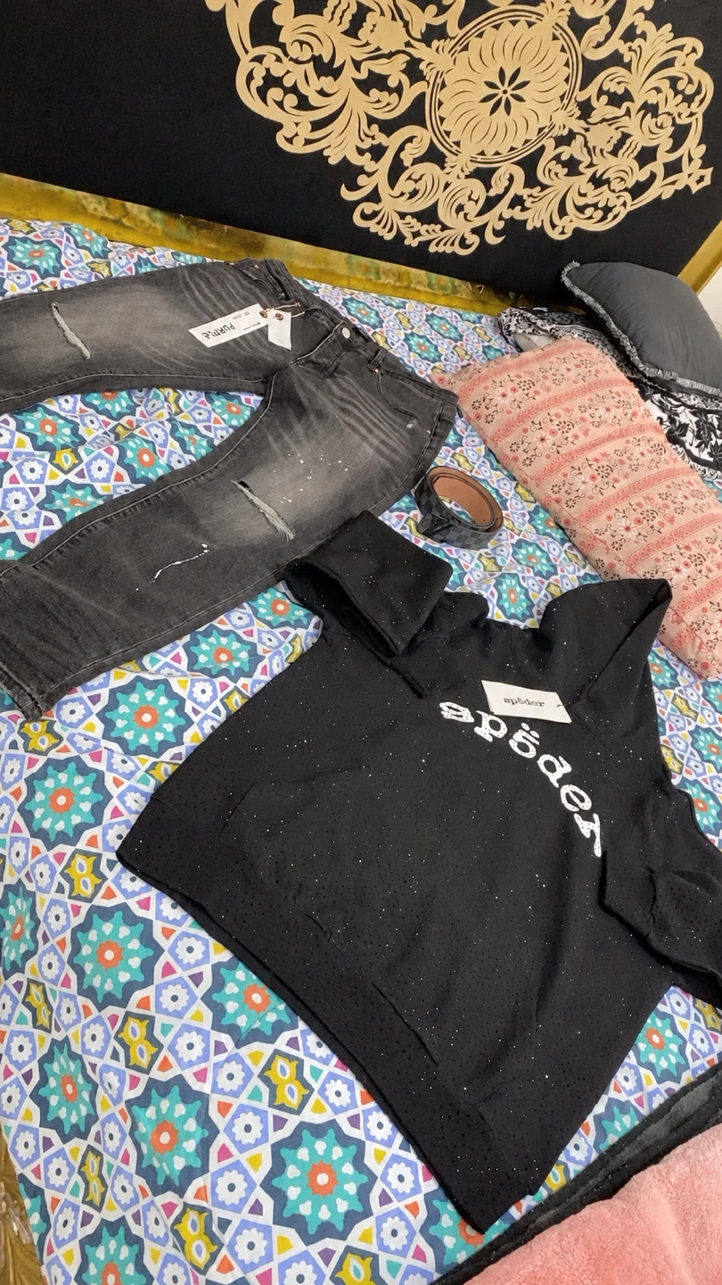 Spider Hoodie, Purple Jeans, and LV Belt