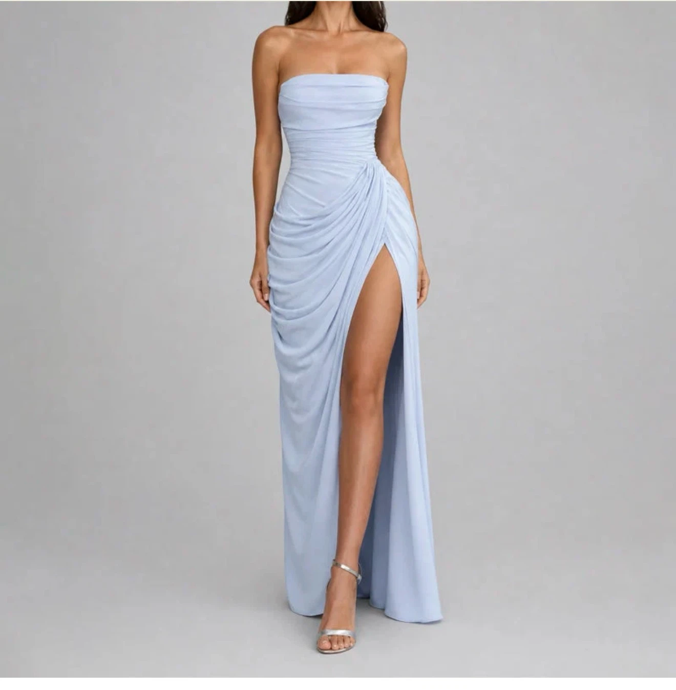Baby Blue Strapless Ruched Maxi Dress