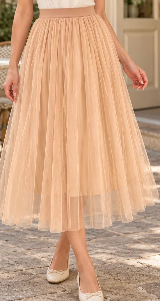 Beige Tulle Midi Skirt