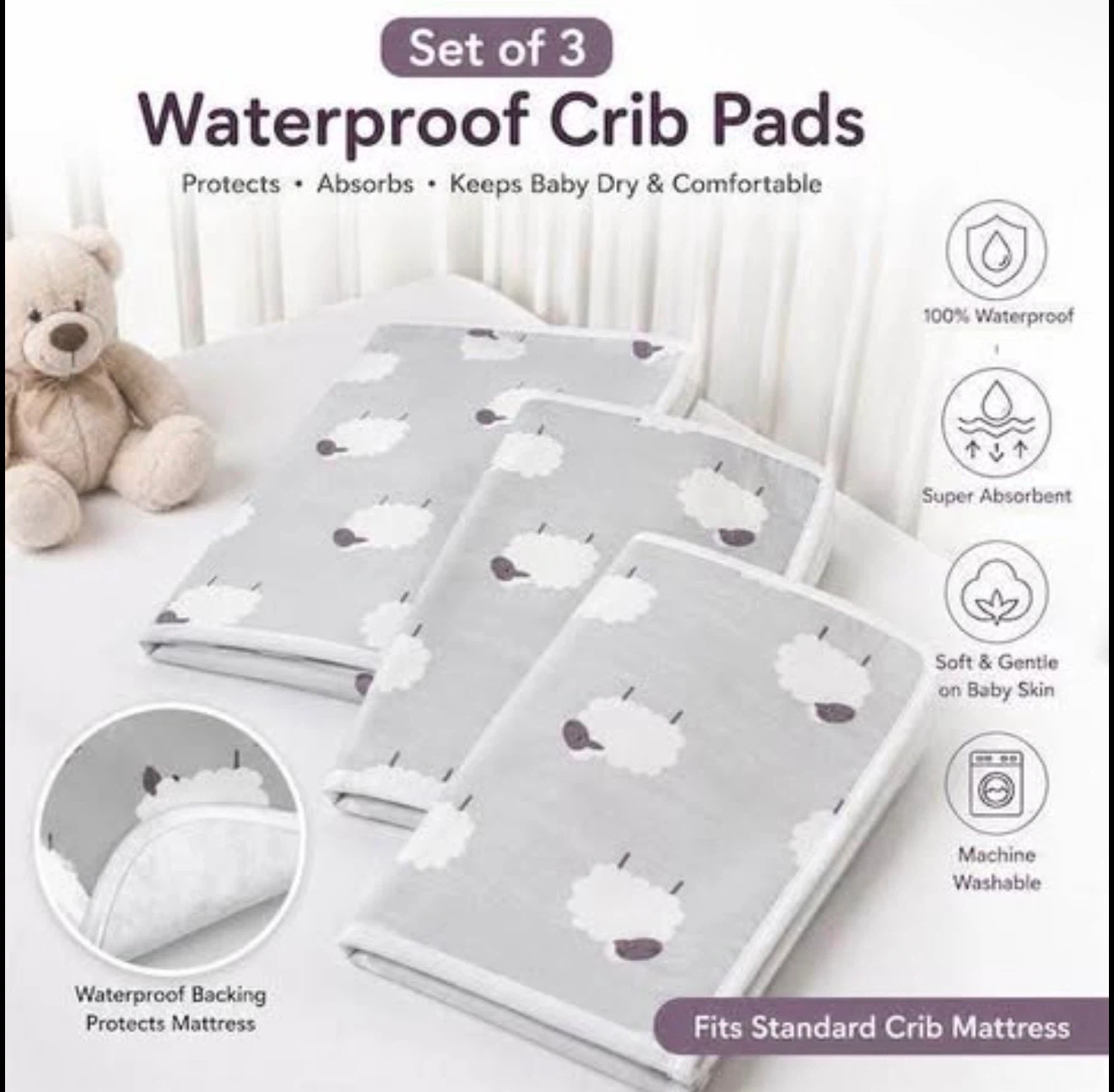 B:NU Baby Waterproof Crib Mattress Pads, Set of 3