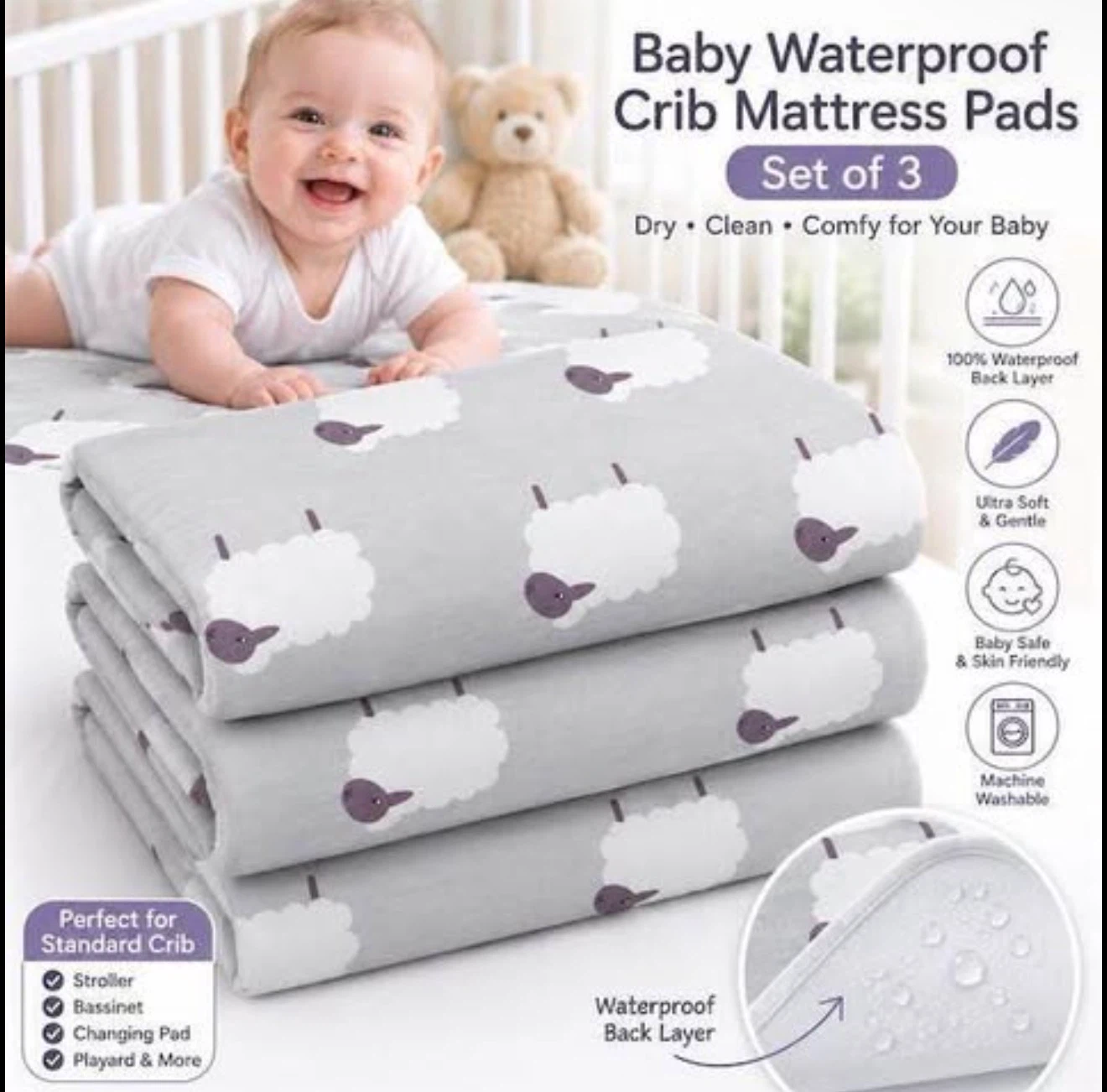B:NU Baby Waterproof Crib Mattress Pads, Set of 3 - photo 2