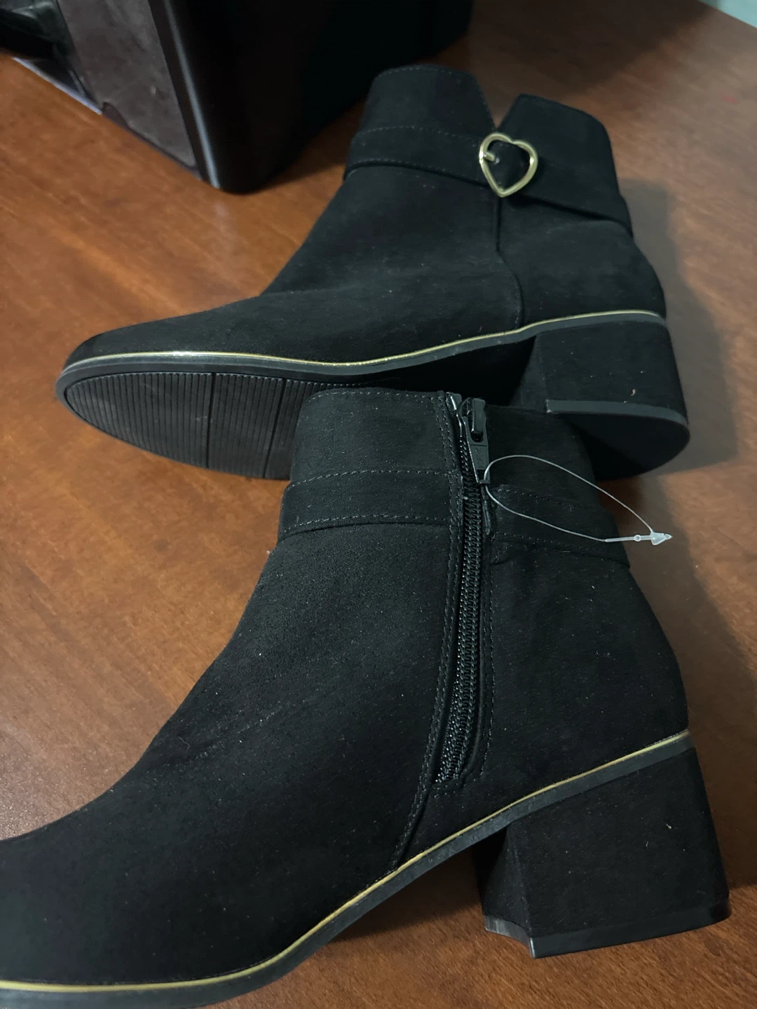 Brand New. Black Suede Ankle Boots with Heart Buckle
