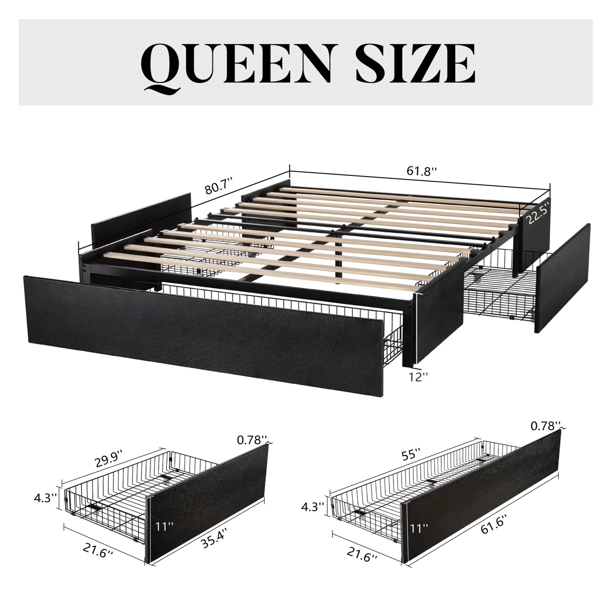 Queen Size Platform Bed Frame with Storage Drawers