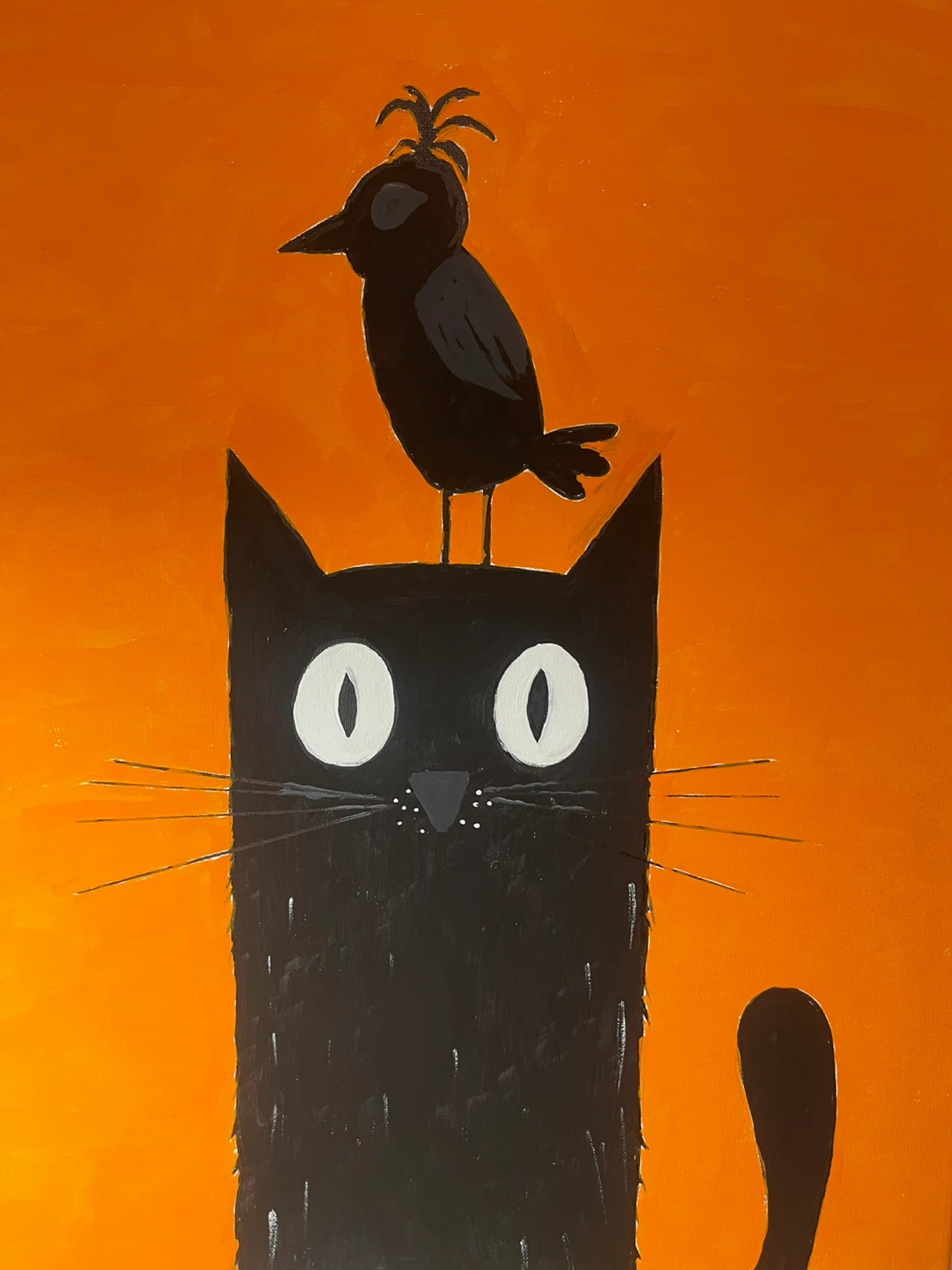 Black Cat and Bird Acrylic Painting