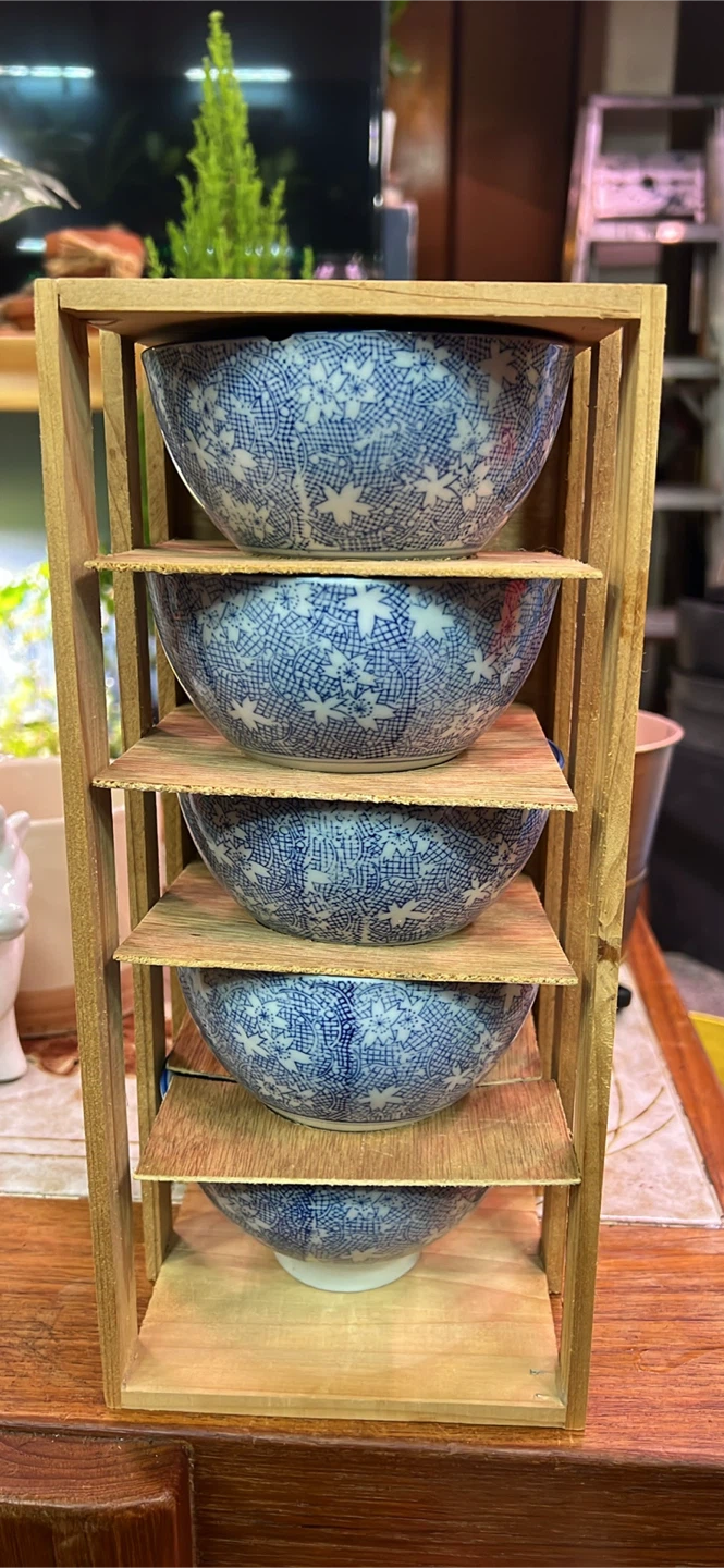 Set of 5 Japanese Blue and White Patterned Bowls