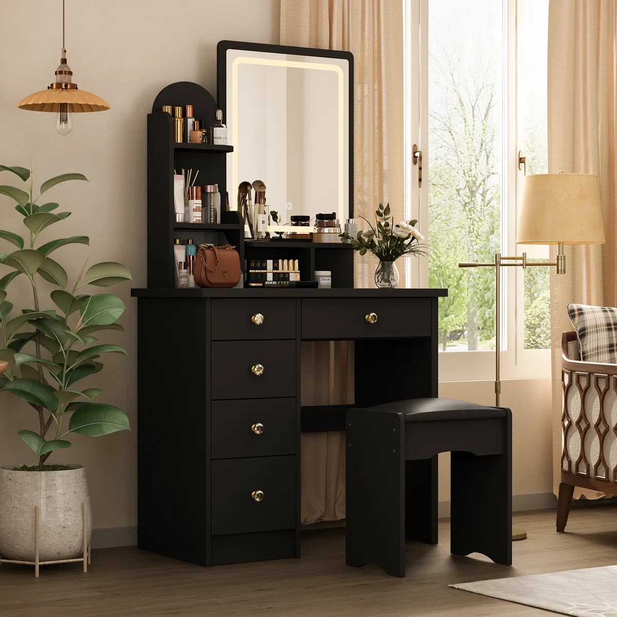 Black Vanity Table with Lighted Mirror and Stool