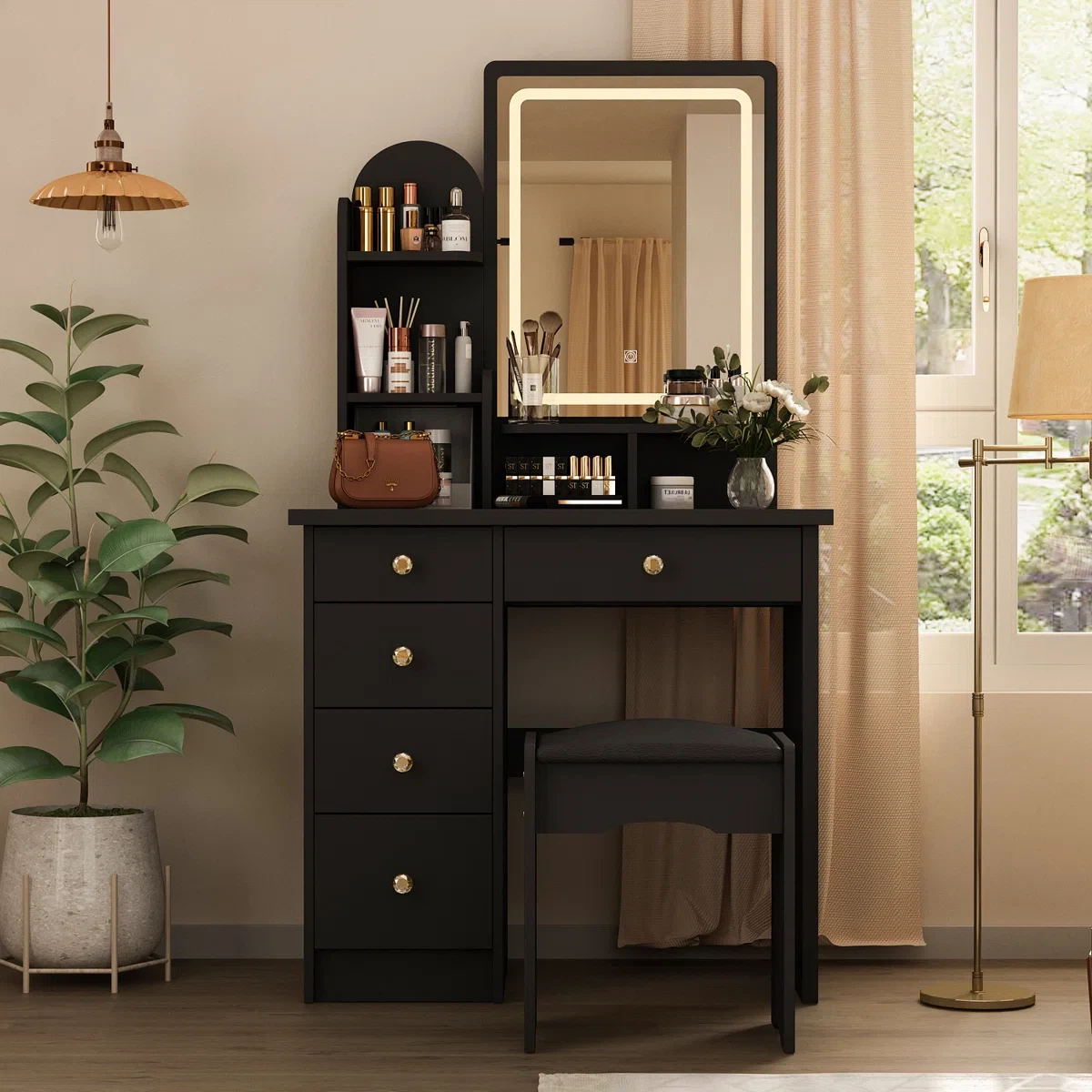 Black Vanity Table with Lighted Mirror and Stool - photo 2