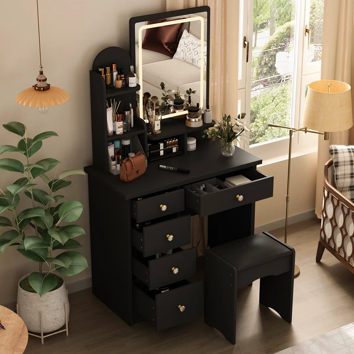 Black Vanity Table with Lighted Mirror and Stool - photo 3