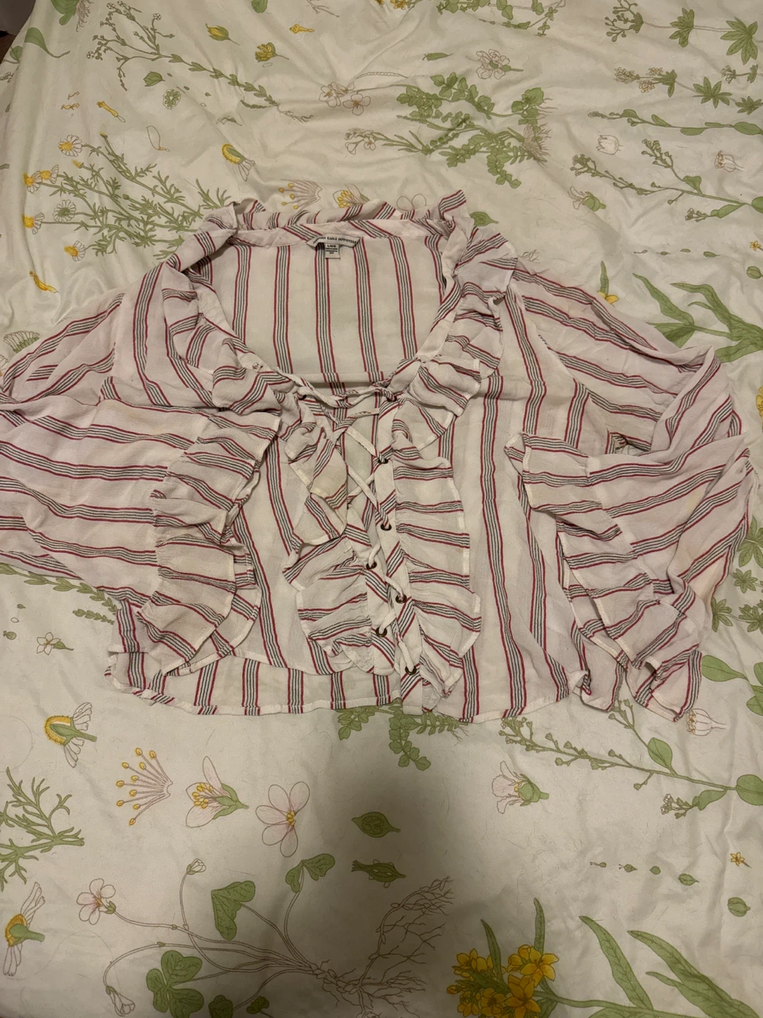 American Eagle Striped Lace-Up Ruffle top