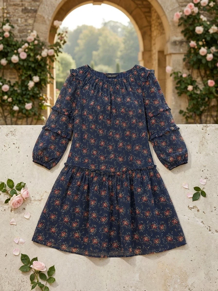 Navy Floral Print Tiered Mini Dress