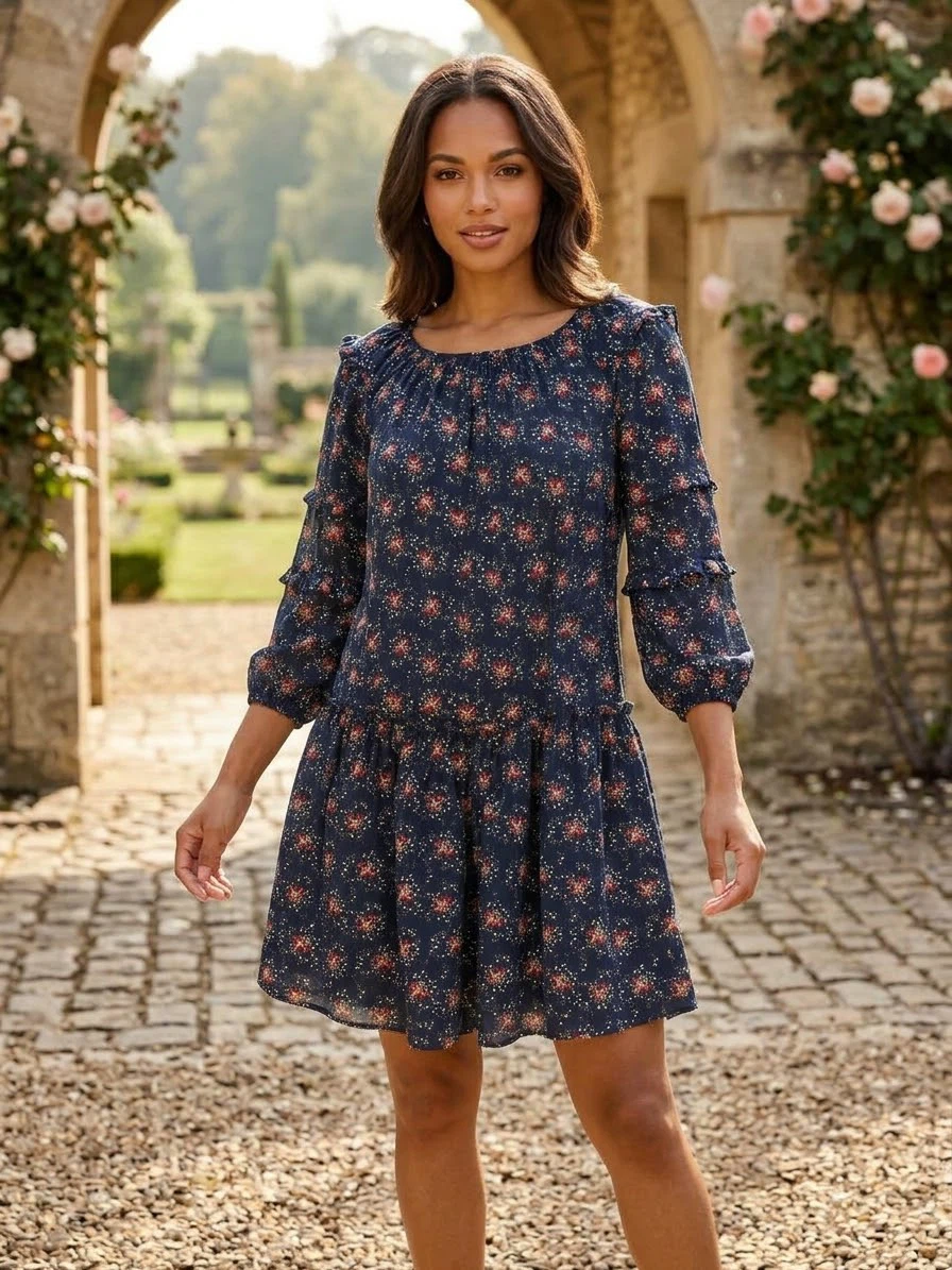 Navy Floral Print Tiered Mini Dress - photo 2