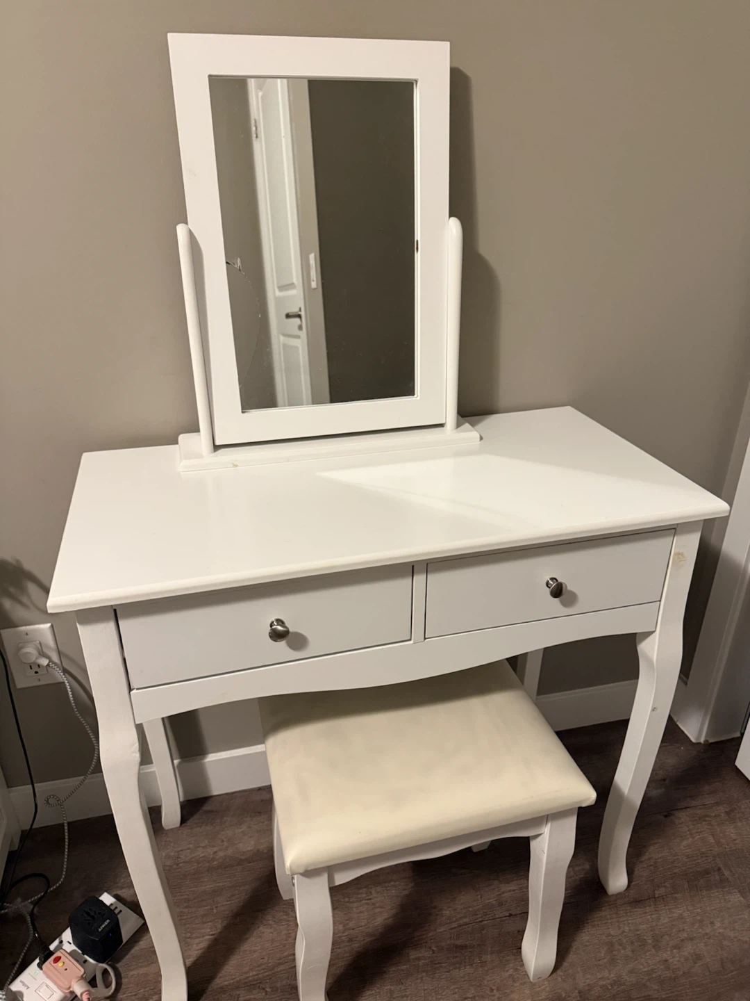 White Vanity Table with Mirror and Stool