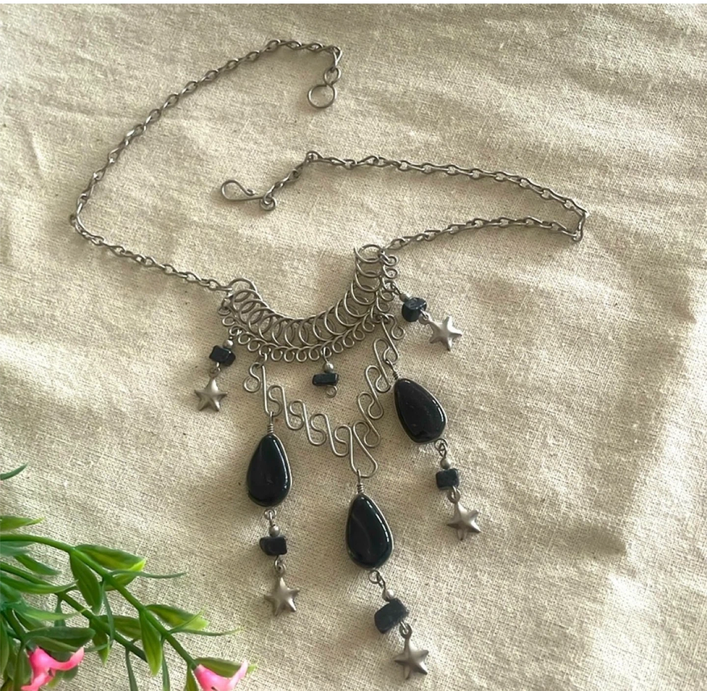 Silver-Tone Chain Necklace with Black Stones and Stars