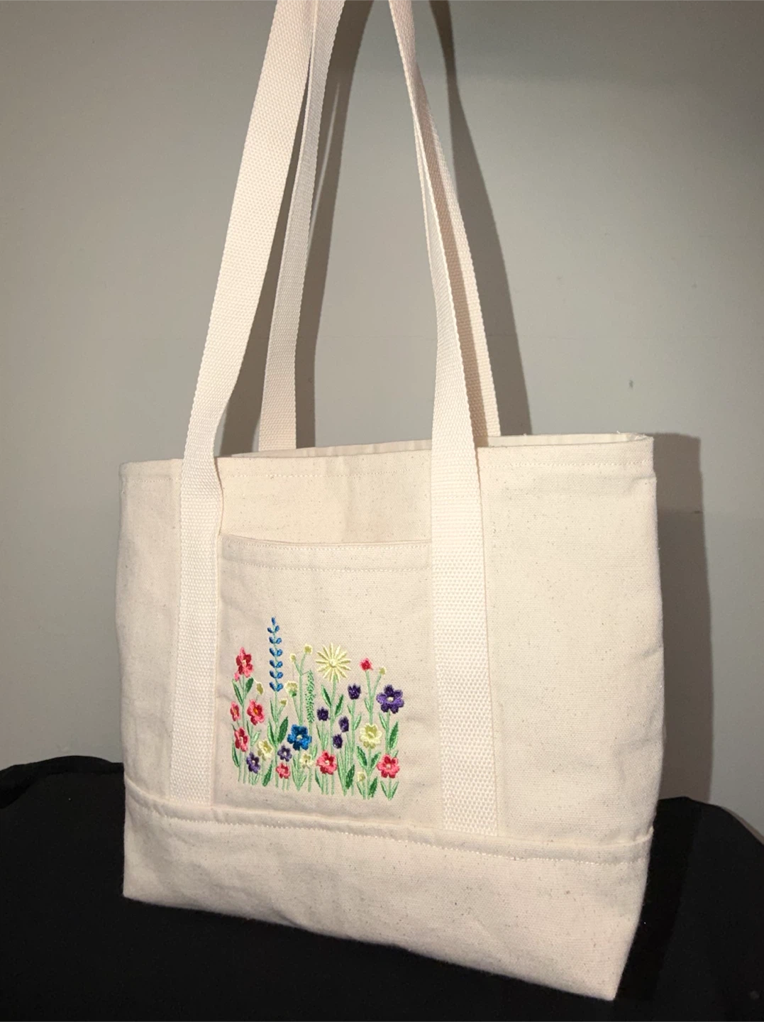 Canvas Tote Bag with Floral Embroidery