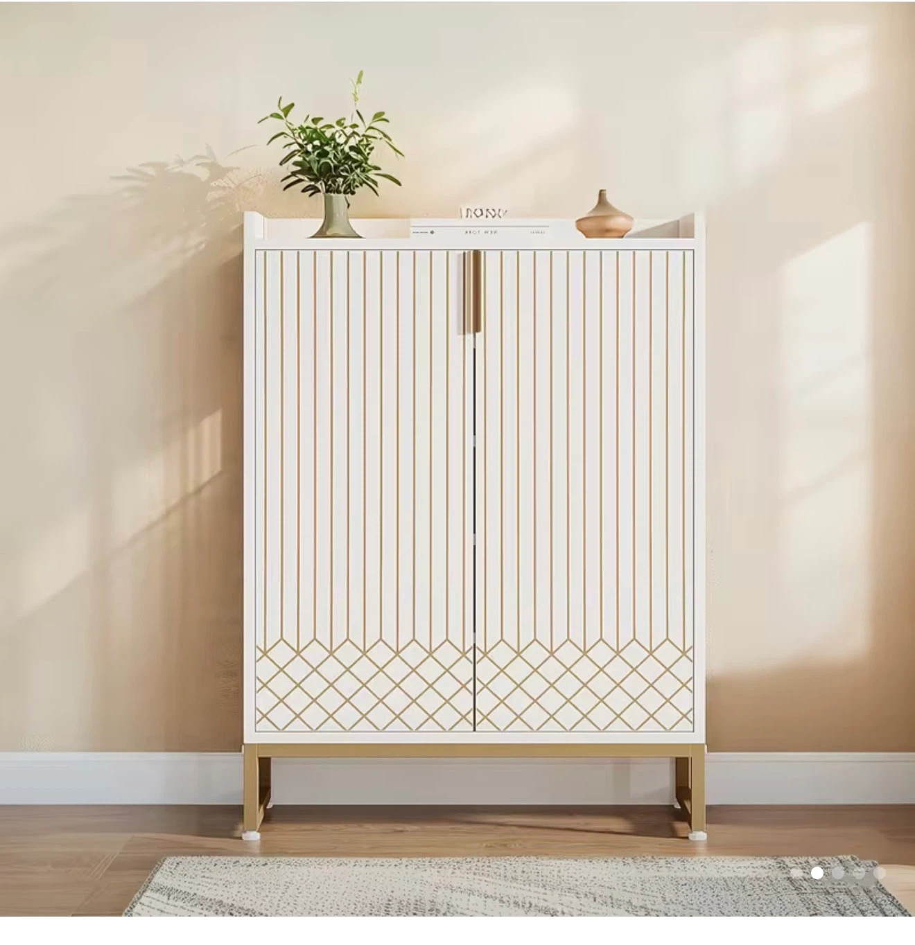 Modern White and Gold Accent Shoe Cabinet