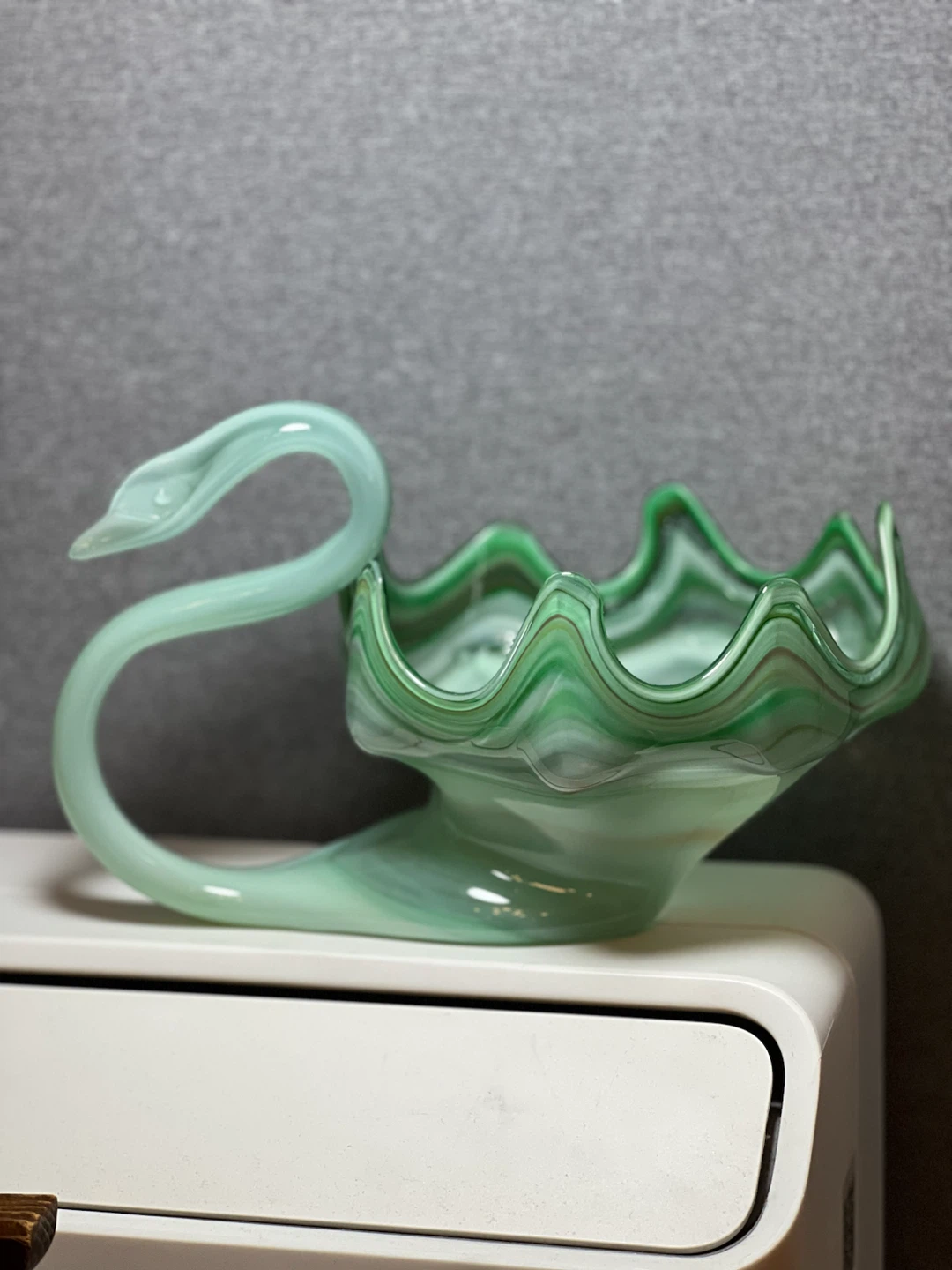 Vintage Green Slag Glass Swan Dish / Bowl - Ruffled Edge