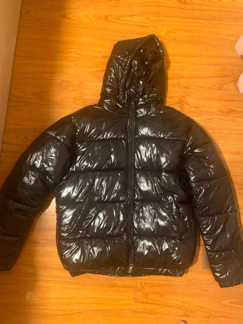 Black Glossy Puffer Jacket with Hood